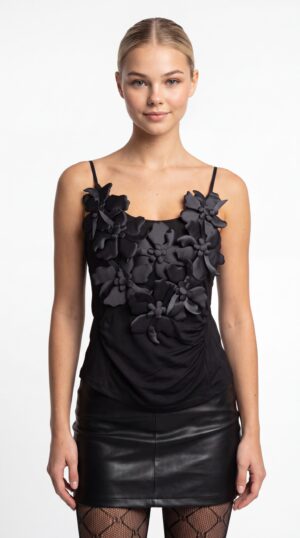 Damen 3D Blumen Top Großhandel Schwarz & Weiß mit großen Blumenapplikationen