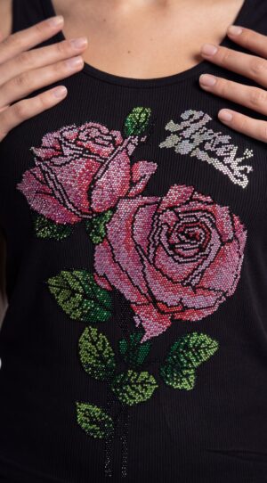Damen Modal Top mit Strass Rosenmotiv Großhandel Schwarz aus weichem Rippstoff