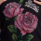 Damen Modal Top mit Strass Rosenmotiv Großhandel Schwarz aus weichem Rippstoff