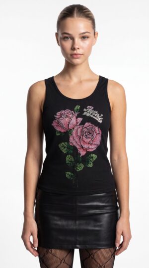 Damen Modal Top mit Strass Rosenmotiv Großhandel Schwarz aus weichem Rippstoff