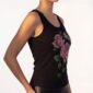 Damen Modal Top mit Strass Rosenmotiv Großhandel Schwarz aus weichem Rippstoff