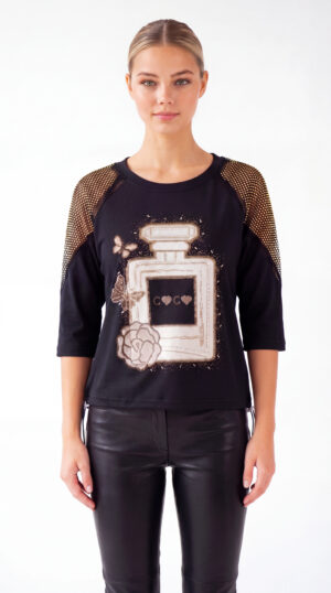 Schwarzes Shirt Großhandel Strass mit Parfum Print, Netzärmeln und verstellbaren Stoppern
