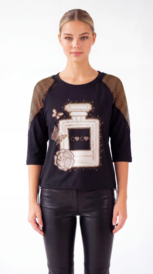 Schwarzes Shirt Großhandel Strass mit Parfum Print, Netzärmeln und verstellbaren Stoppern