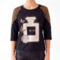 Schwarzes Shirt Großhandel Strass mit Parfum Print, Netzärmeln und verstellbaren Stoppern