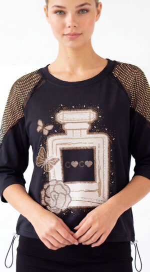 Damen Shirt mit Strass Parfum Print und Netzärmeln Großhandel Schwarz