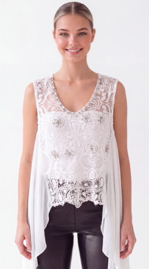 Damen Spitzenbluse mit Chiffon Cape und Strass Großhandel Weiß