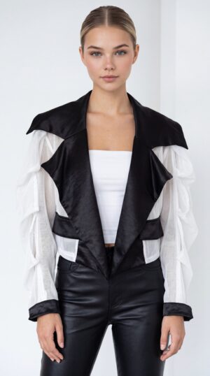 Damen Transparente Satin Crop Jacke Großhandel Schwarz & Weiß mit Satin-Revers und transparenten Tüllärmeln