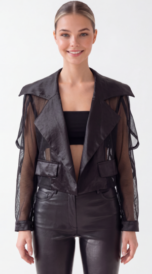 Damen Transparente Satin Crop Jacke Großhandel Schwarz & Weiß mit Satin-Revers und transparenten Tüllärmeln