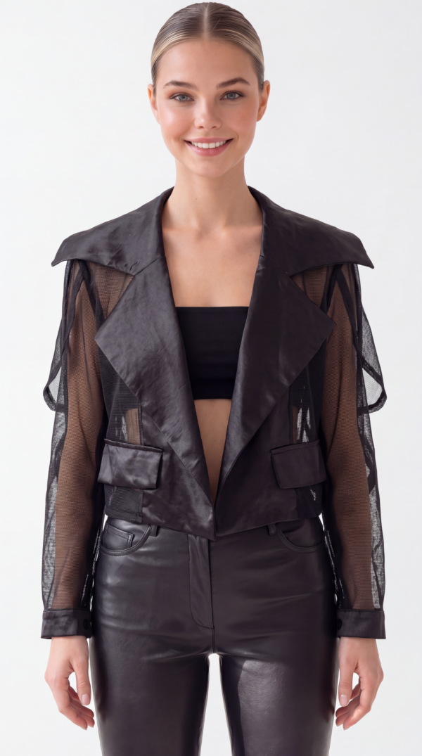 Damen Transparente Satin Crop Jacke Großhandel Schwarz & Weiß mit Satin-Revers und transparenten Tüllärmeln