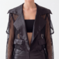Damen Transparente Satin Crop Jacke Großhandel Schwarz & Weiß mit Satin-Revers und transparenten Tüllärmeln
