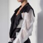 Damen Transparente Satin Crop Jacke Großhandel Schwarz & Weiß mit Satin-Revers und transparenten Tüllärmeln