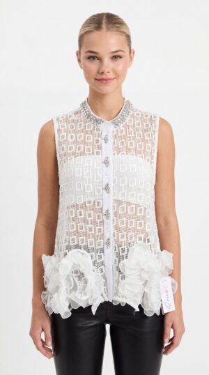 Damen Transparente Spitzenbluse mit Strasskragen Großhandel Schwarz & Weiß aus Spitze mit Organza-Volants