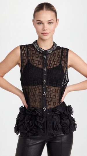 Damen Transparente Spitzenbluse mit Strasskragen Großhandel Schwarz & Weiß aus Spitze mit Organza-Volants