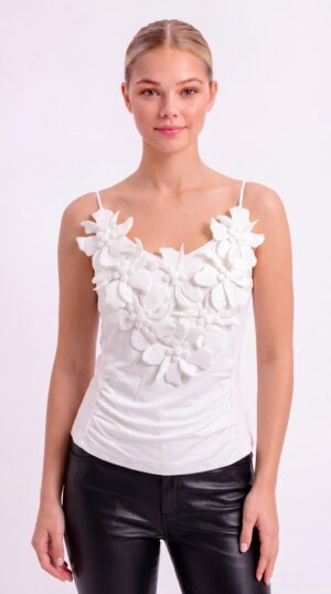 Damen 3D Blumen Top Großhandel Schwarz & Weiß mit großen Blumenapplikationen