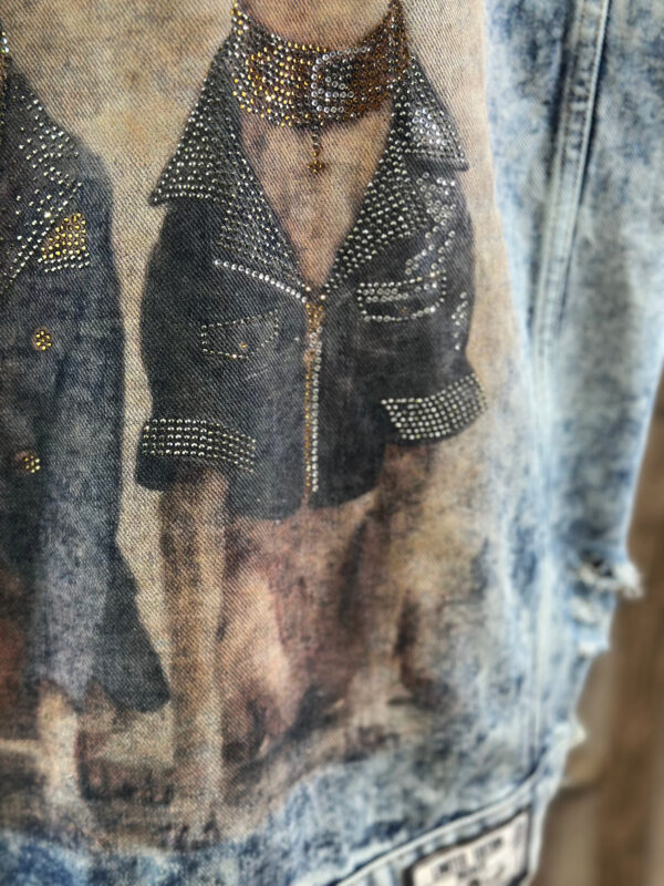 Damen Jeansweste mit Hunde Strass – Destroyed Look Großhandel (6) Damen Jeansweste mit Hunde Strass im Destroyed Look