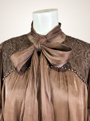 Edle Damen Chiffon-Bluse Braun Großhandel mit Spitze und Perlen
