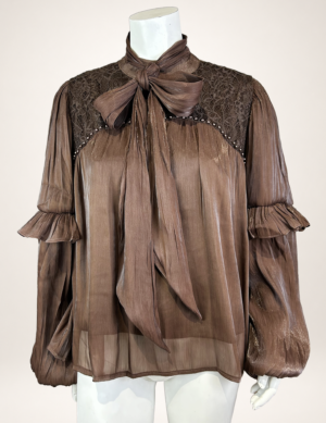 Edle Damen Chiffon-Bluse Braun Großhandel mit Spitze und Perlen