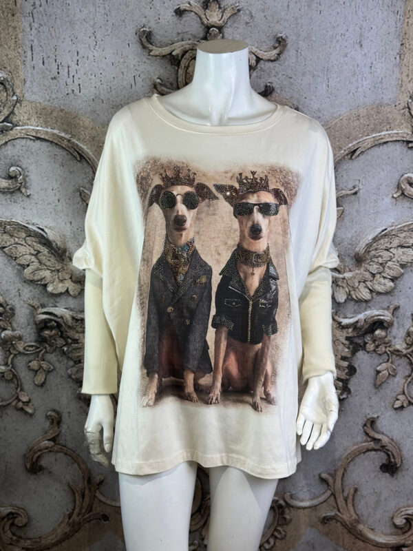Damen Oversize Shirt mit Hunde Strass in Weiß (4) Damen Oversize Shirt mit Hunde Strass in Weiß