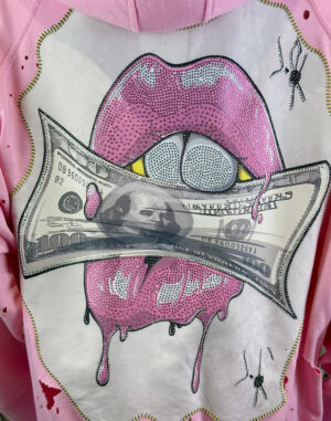 Damen Oversize Sweatjacke mit Money Lips Print und Strass Onesize Großhandel Rosa