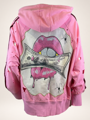Damen Oversize Sweatjacke mit Money Lips Print und Strass Onesize Großhandel Rosa