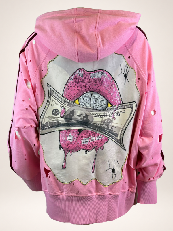 Damen Oversize Sweatjacke mit Money Lips Print und Strass Onesize Großhandel Rosa