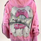 Damen Oversize Sweatjacke mit Money Lips Print und Strass Onesize Großhandel Rosa