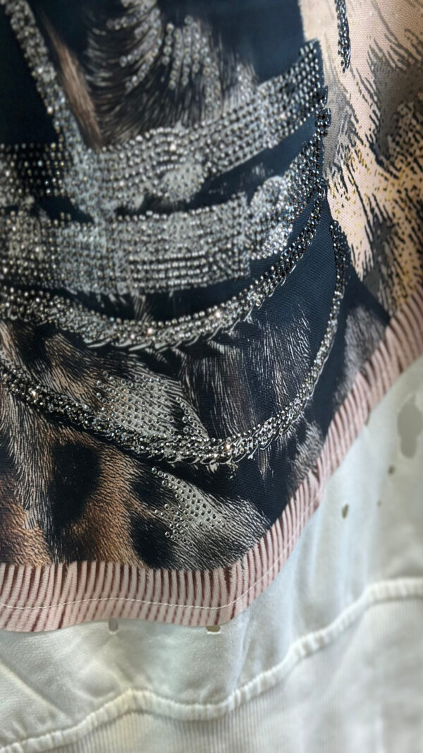 Destroyed Hoodie Jacke Beige Hundeprint (1) Destroyed Hoodie Jacke Damen Beige mit Hundeprint und Strass Großhandel