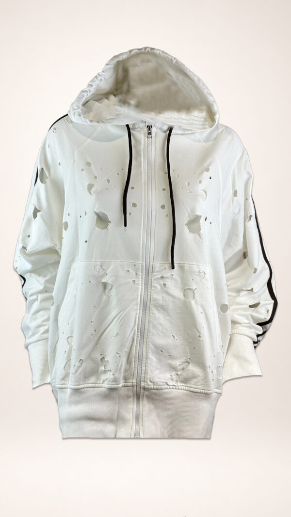 Destroyed Hoodie Jacke Beige Hundeprint (2) Destroyed Hoodie Jacke Damen Beige mit Hundeprint und Strass Großhandel