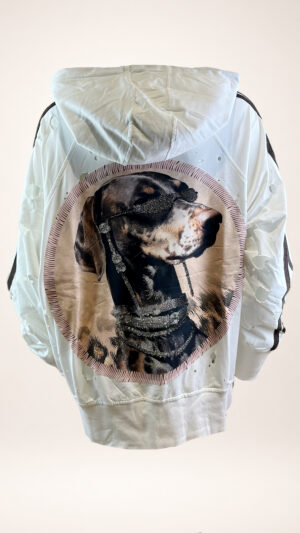 Destroyed Hoodie Jacke Damen Beige mit Hundeprint und Strass Großhandel