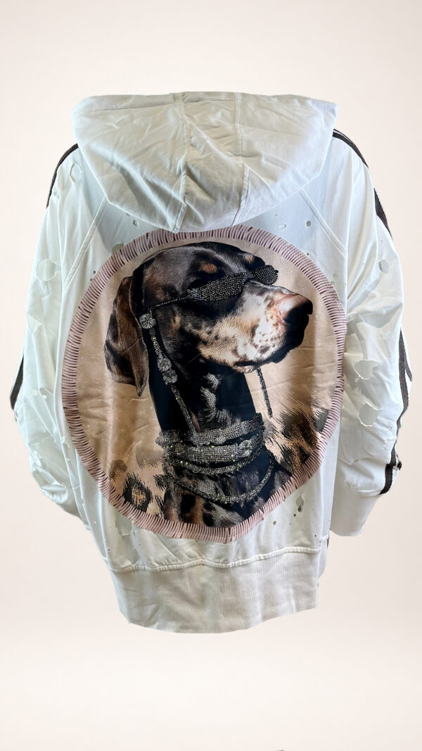 Destroyed Hoodie Jacke Damen Beige mit Hundeprint und Strass Großhandel
