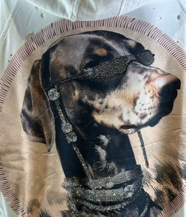 Destroyed Hoodie Jacke Beige Hundeprint (4) Destroyed Hoodie Jacke Damen Beige mit Hundeprint und Strass Großhandel