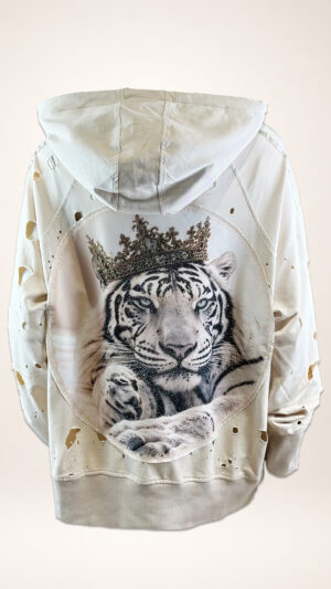 Destroyed Hoodie Jacke Tiger Beige Damen mit Strasssteinen und Destroyed-Look