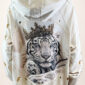 Destroyed Hoodie Jacke Tiger Beige Damen mit Strasssteinen und Destroyed-Look