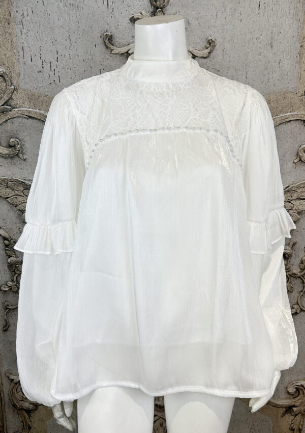 Edle Damen Bluse in Weiß mit Spitze, Perlen, Bindekragen & Ballonärmeln – Großhandel (1) Edle Damen Chiffon-Bluse Weiß Großhandel mit Spitze und Perlen
