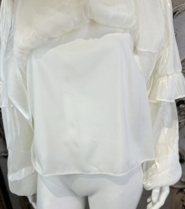 Edle Damen Chiffon-Bluse in Creme mit Spitze, Perlen, Bindekragen & Ballonärmeln – Großhandel (7) Edle Damen Chiffon-Bluse Creme Großhandel mit Spitze, Perlen, Bindekragen und Ballonärmeln