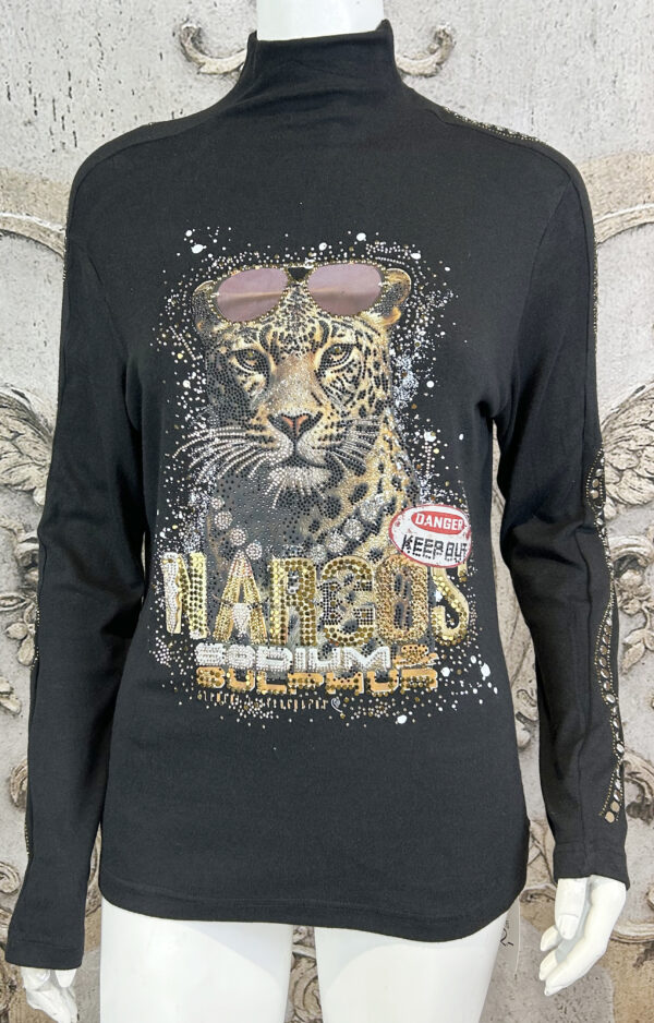 Tiger Rollkragenpullover Schwarz Großhandel mit Strass und Nieten