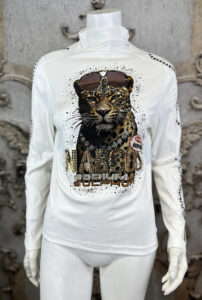 Tiger Rollkragenpullover Weiß Großhandel mit Strass und Nieten
