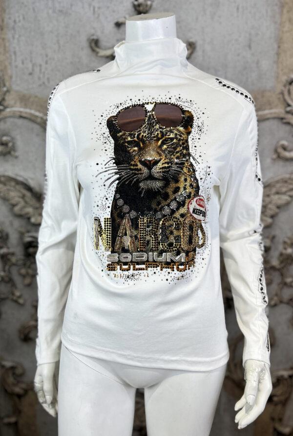 Leichter Cool Tiger Rollkragenpullover mit Strass & Nieten – Großhandel (2) Tiger Rollkragenpullover Weiß Großhandel mit Strass und Nieten
