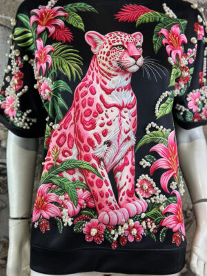 Damen Shirt mit Pink Leopard und Perlen in Schwarz